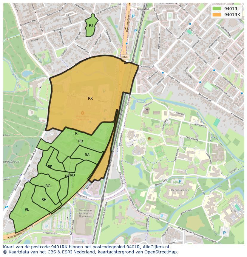 Afbeelding van het postcodegebied 9401 RK op de kaart.