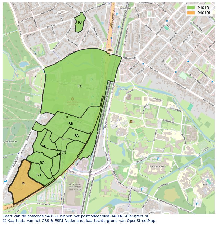 Afbeelding van het postcodegebied 9401 RL op de kaart.