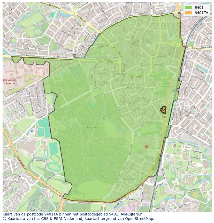 Afbeelding van het postcodegebied 9401 TA op de kaart.