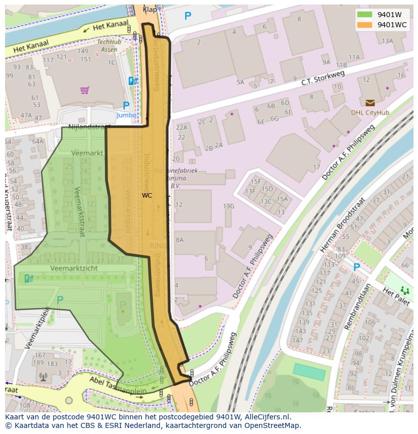 Afbeelding van het postcodegebied 9401 WC op de kaart.