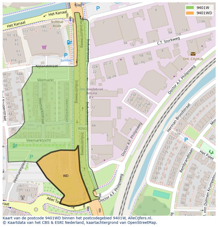 Afbeelding van het postcodegebied 9401 WD op de kaart.
