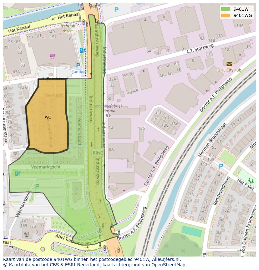 Afbeelding van het postcodegebied 9401 WG op de kaart.