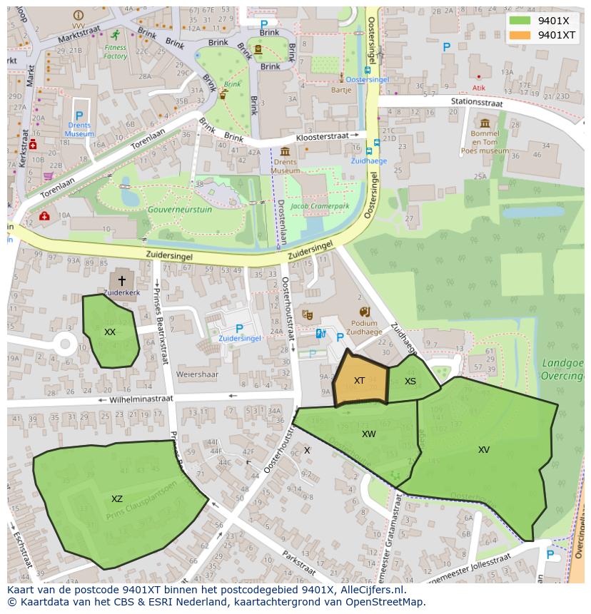 Afbeelding van het postcodegebied 9401 XT op de kaart.