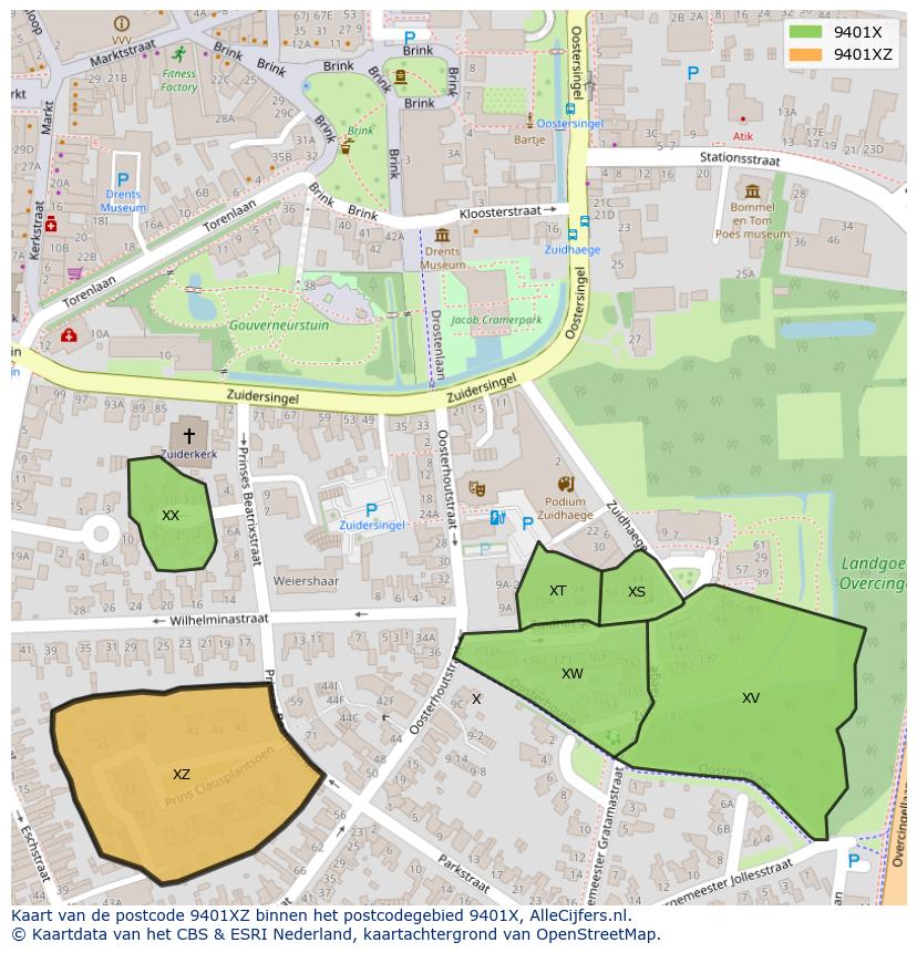 Afbeelding van het postcodegebied 9401 XZ op de kaart.