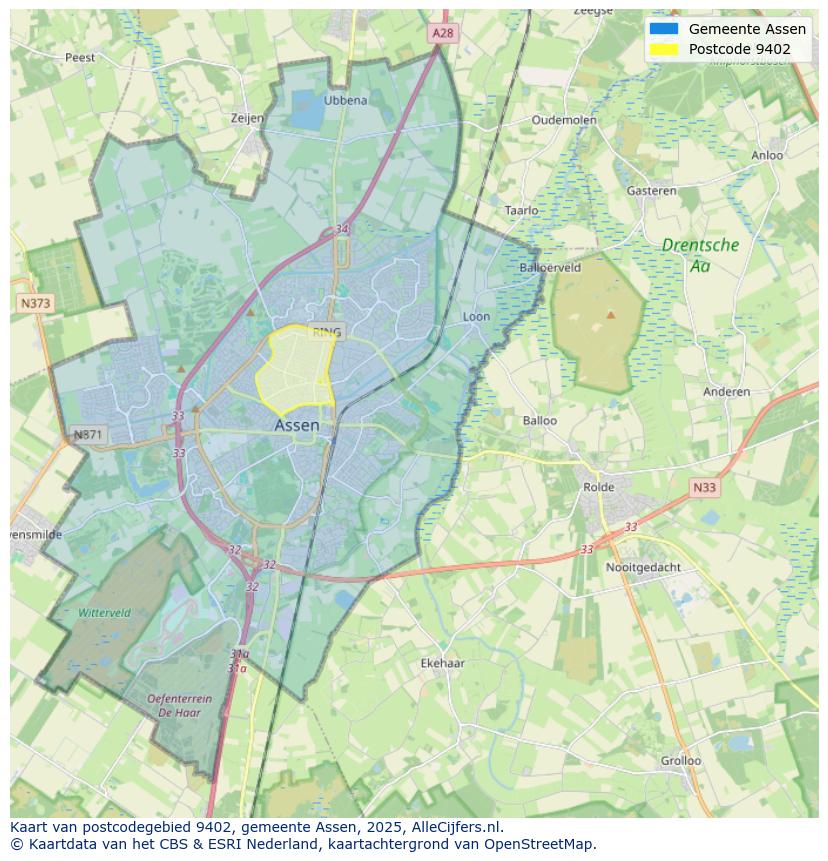 Afbeelding van het postcodegebied 9402 op de kaart.