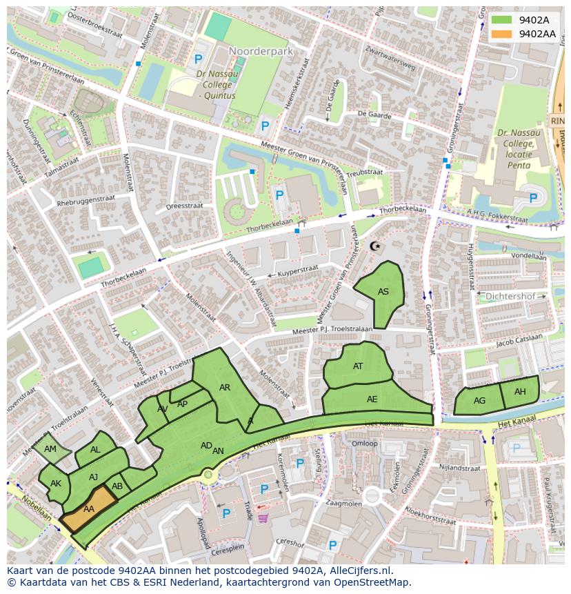 Afbeelding van het postcodegebied 9402 AA op de kaart.