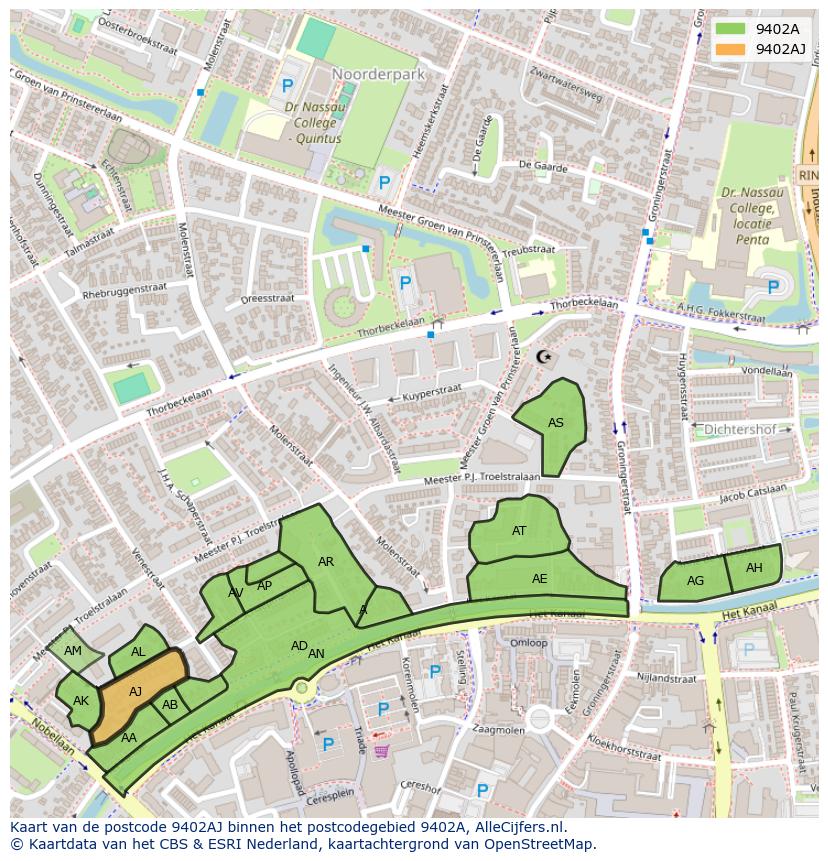 Afbeelding van het postcodegebied 9402 AJ op de kaart.