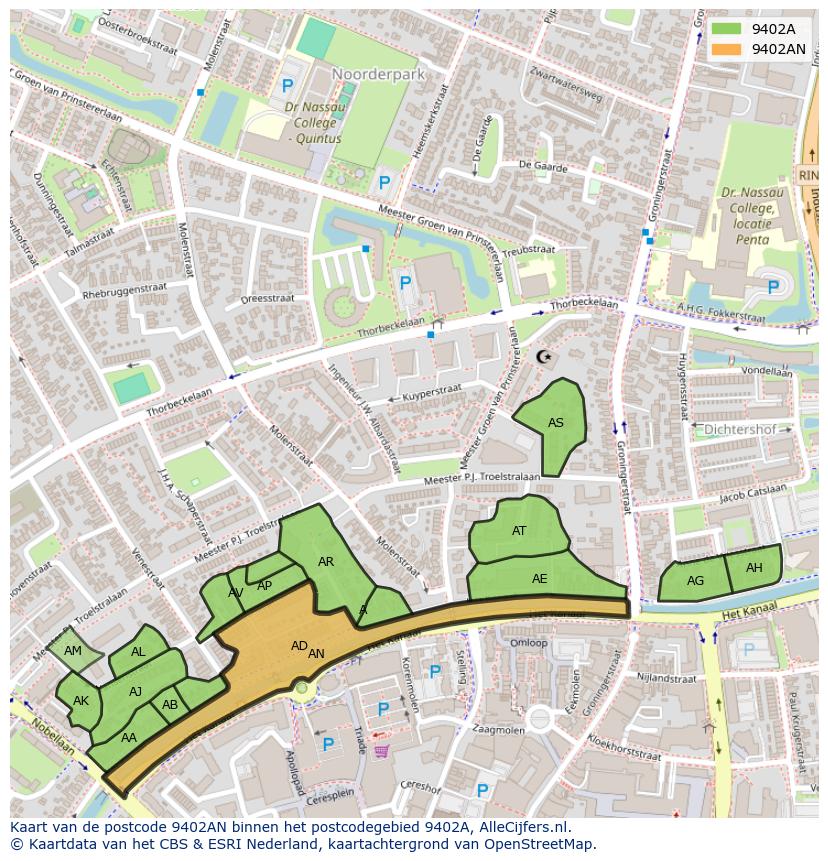 Afbeelding van het postcodegebied 9402 AN op de kaart.