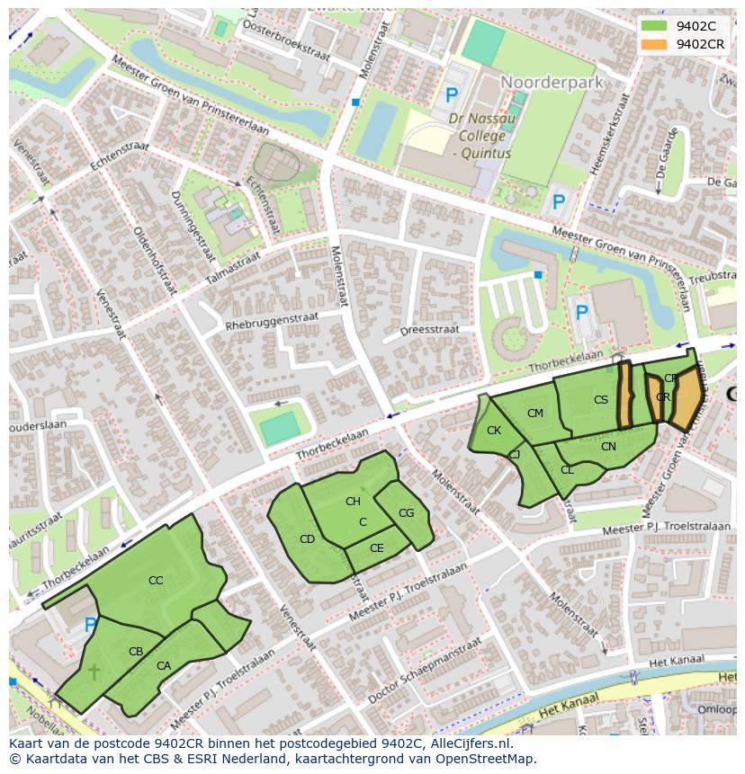 Afbeelding van het postcodegebied 9402 CR op de kaart.