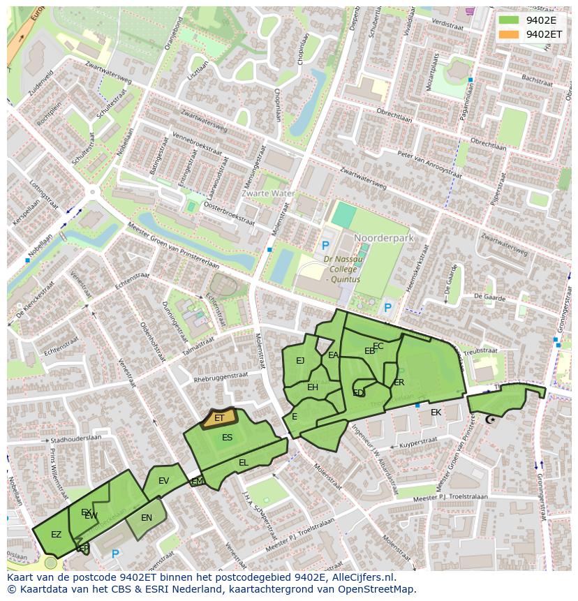 Afbeelding van het postcodegebied 9402 ET op de kaart.