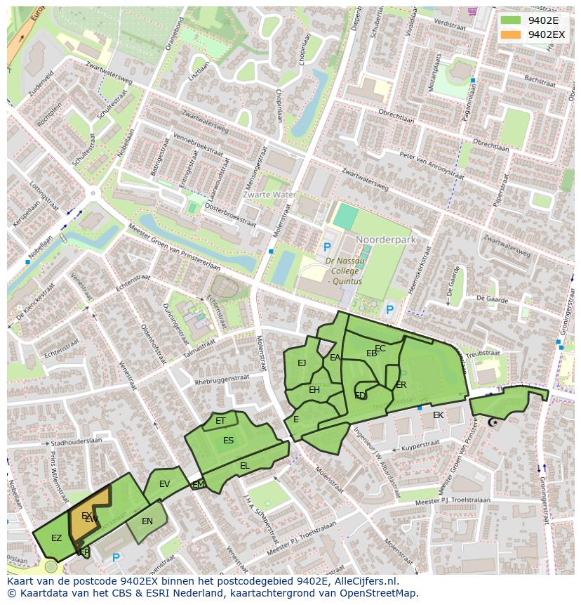 Afbeelding van het postcodegebied 9402 EX op de kaart.
