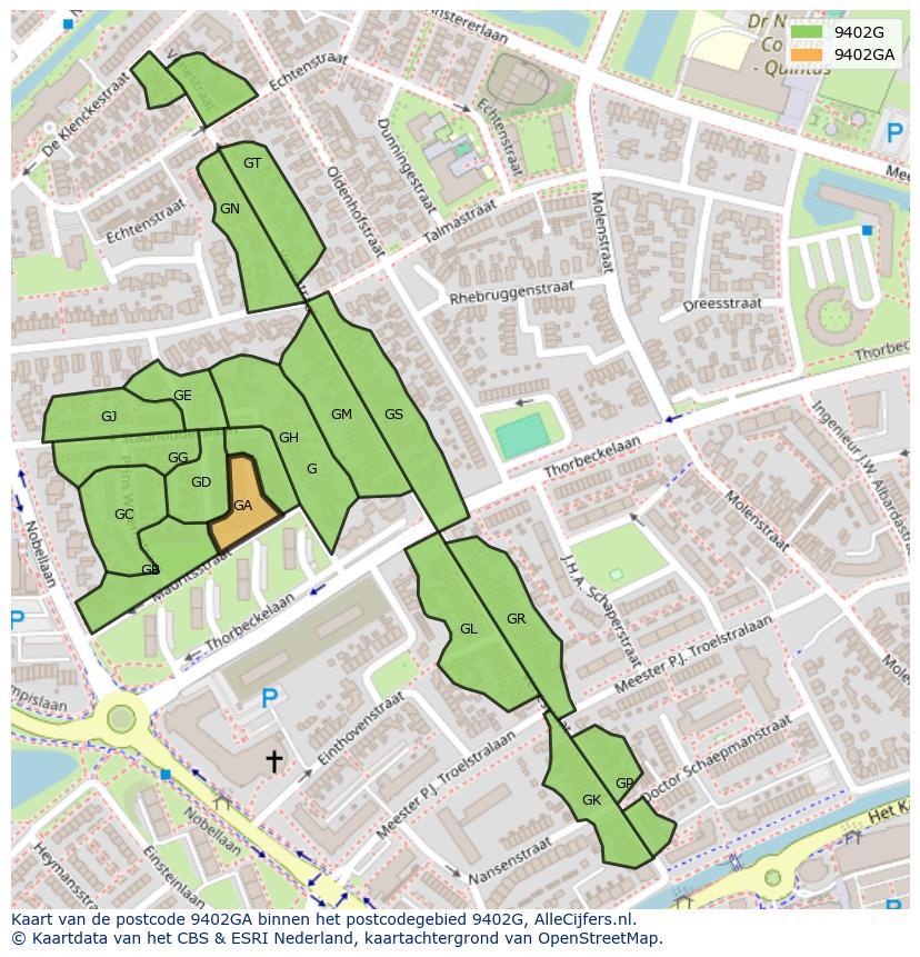 Afbeelding van het postcodegebied 9402 GA op de kaart.