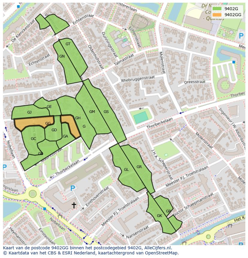 Afbeelding van het postcodegebied 9402 GG op de kaart.