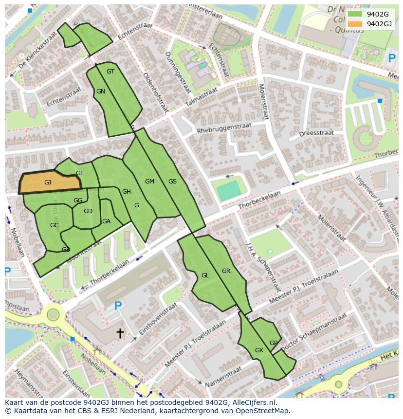 Afbeelding van het postcodegebied 9402 GJ op de kaart.