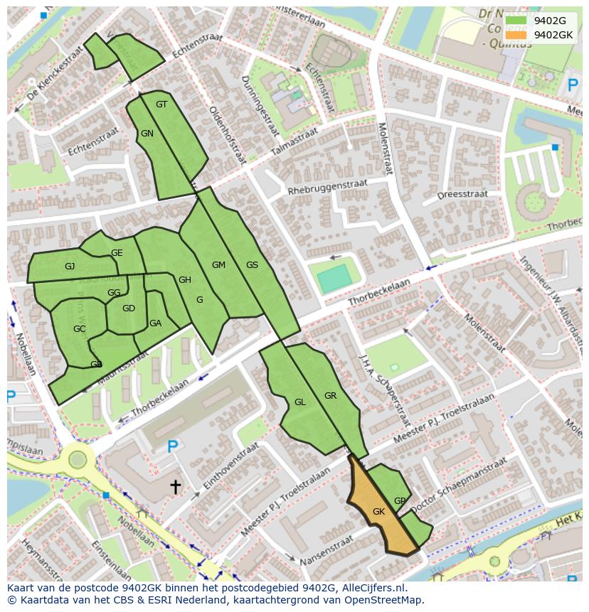 Afbeelding van het postcodegebied 9402 GK op de kaart.