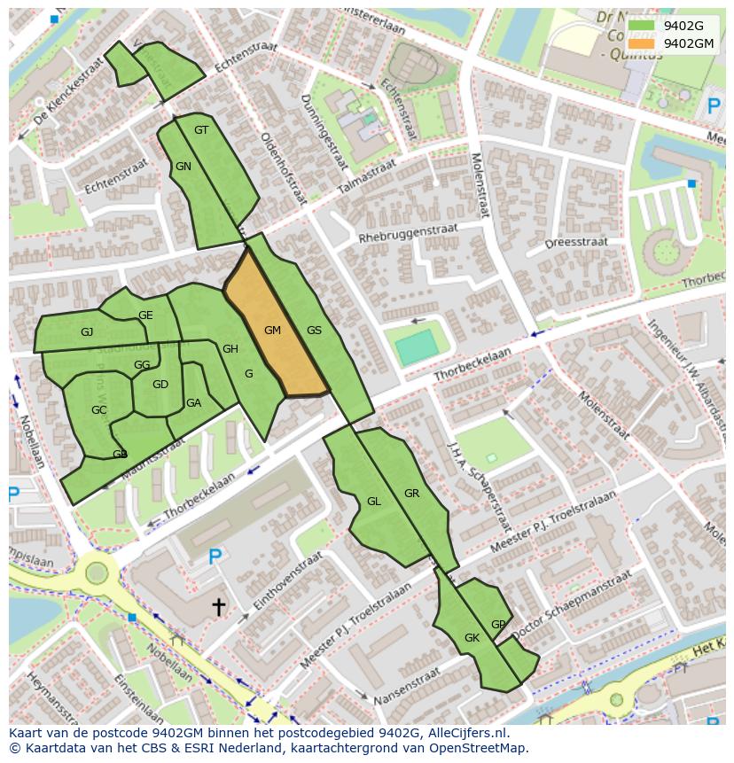 Afbeelding van het postcodegebied 9402 GM op de kaart.