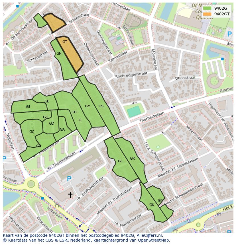 Afbeelding van het postcodegebied 9402 GT op de kaart.