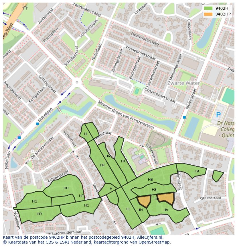 Afbeelding van het postcodegebied 9402 HP op de kaart.