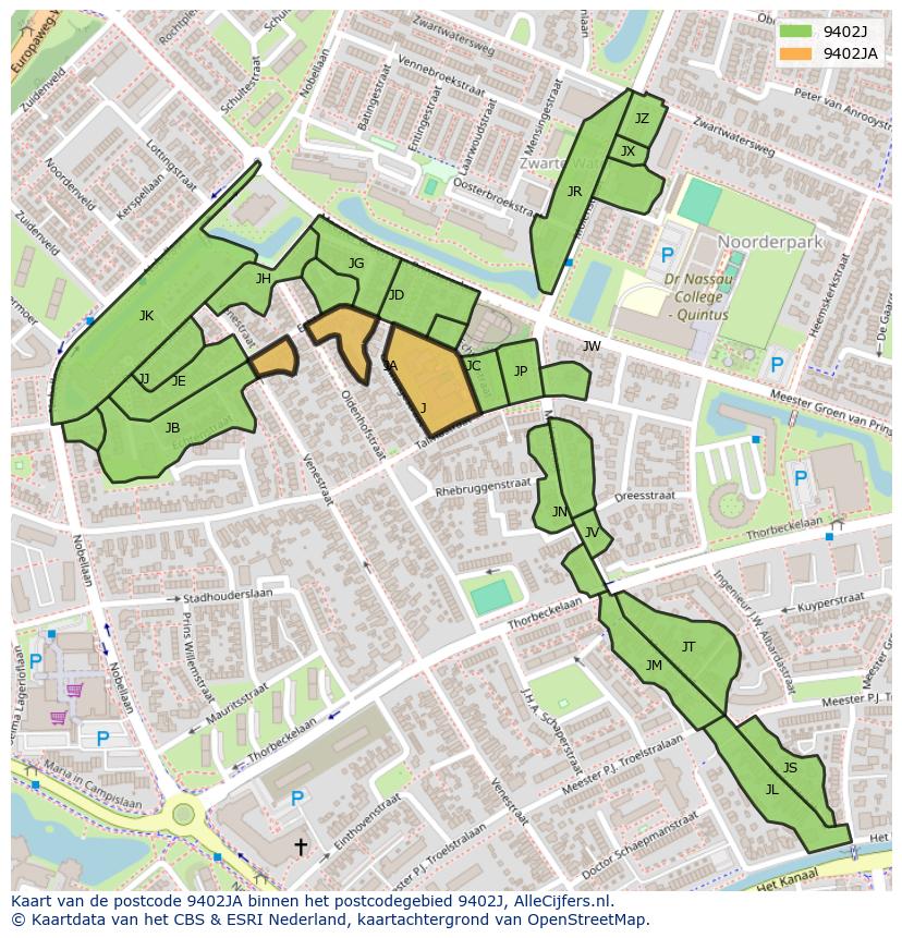 Afbeelding van het postcodegebied 9402 JA op de kaart.