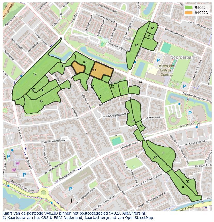 Afbeelding van het postcodegebied 9402 JD op de kaart.