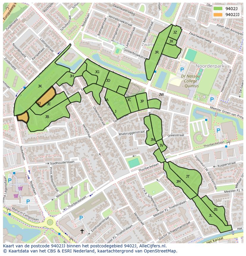 Afbeelding van het postcodegebied 9402 JJ op de kaart.