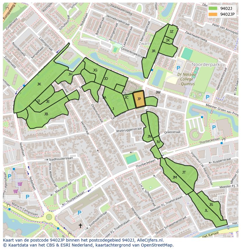 Afbeelding van het postcodegebied 9402 JP op de kaart.