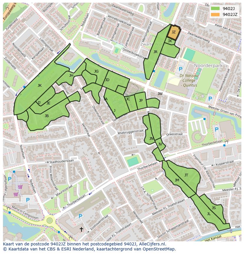 Afbeelding van het postcodegebied 9402 JZ op de kaart.