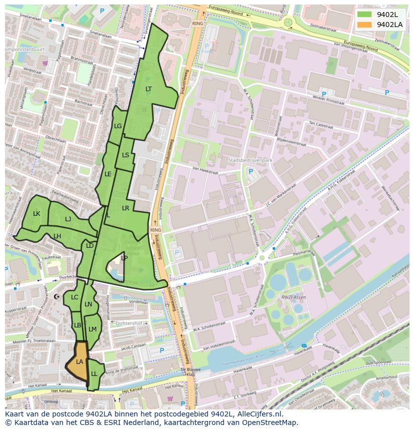 Afbeelding van het postcodegebied 9402 LA op de kaart.