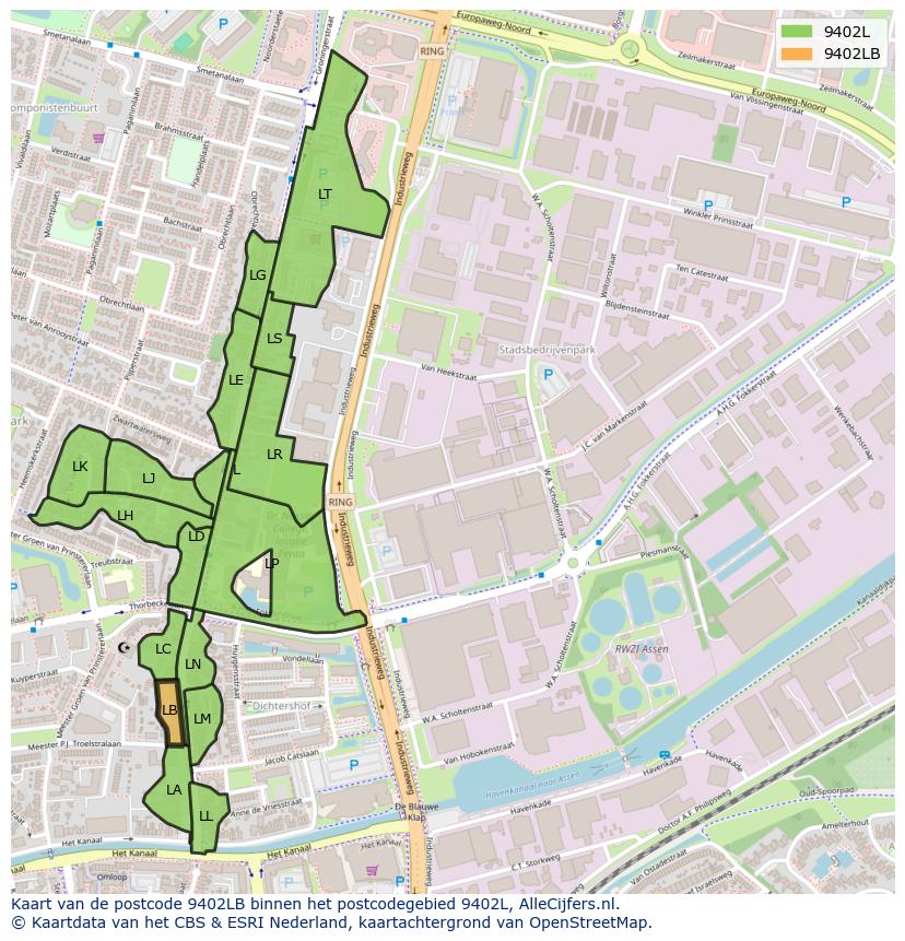 Afbeelding van het postcodegebied 9402 LB op de kaart.