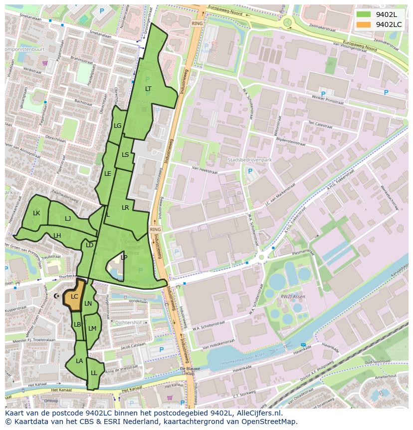 Afbeelding van het postcodegebied 9402 LC op de kaart.