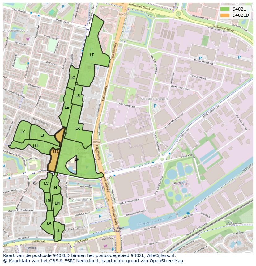 Afbeelding van het postcodegebied 9402 LD op de kaart.