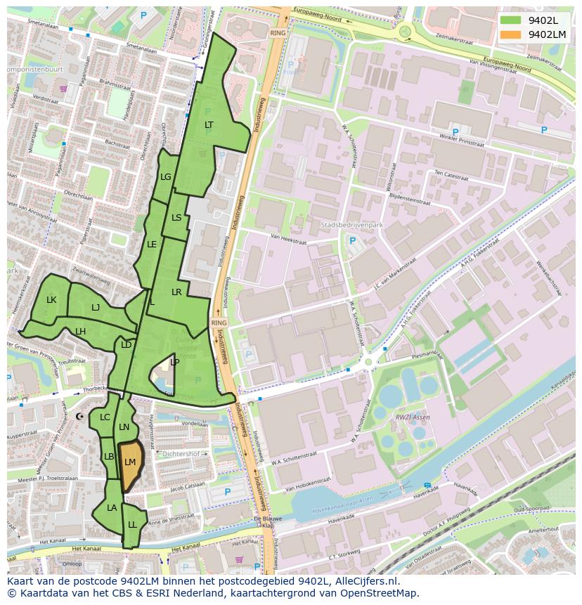 Afbeelding van het postcodegebied 9402 LM op de kaart.