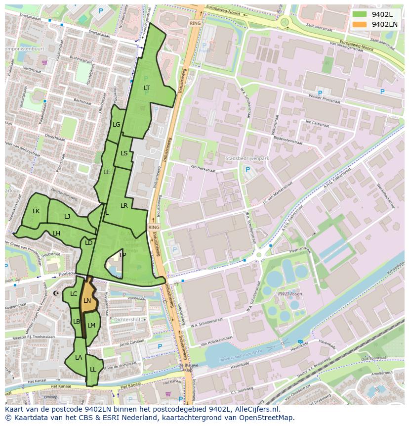 Afbeelding van het postcodegebied 9402 LN op de kaart.
