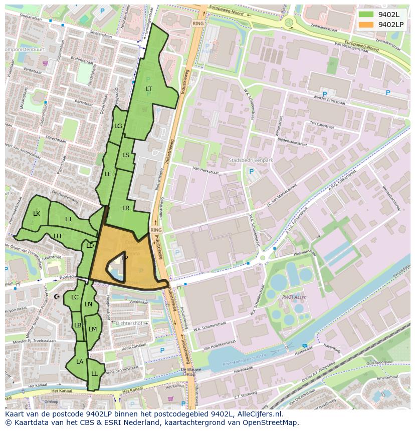 Afbeelding van het postcodegebied 9402 LP op de kaart.