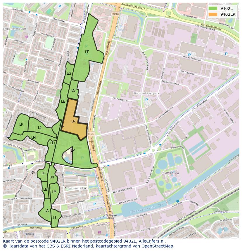 Afbeelding van het postcodegebied 9402 LR op de kaart.