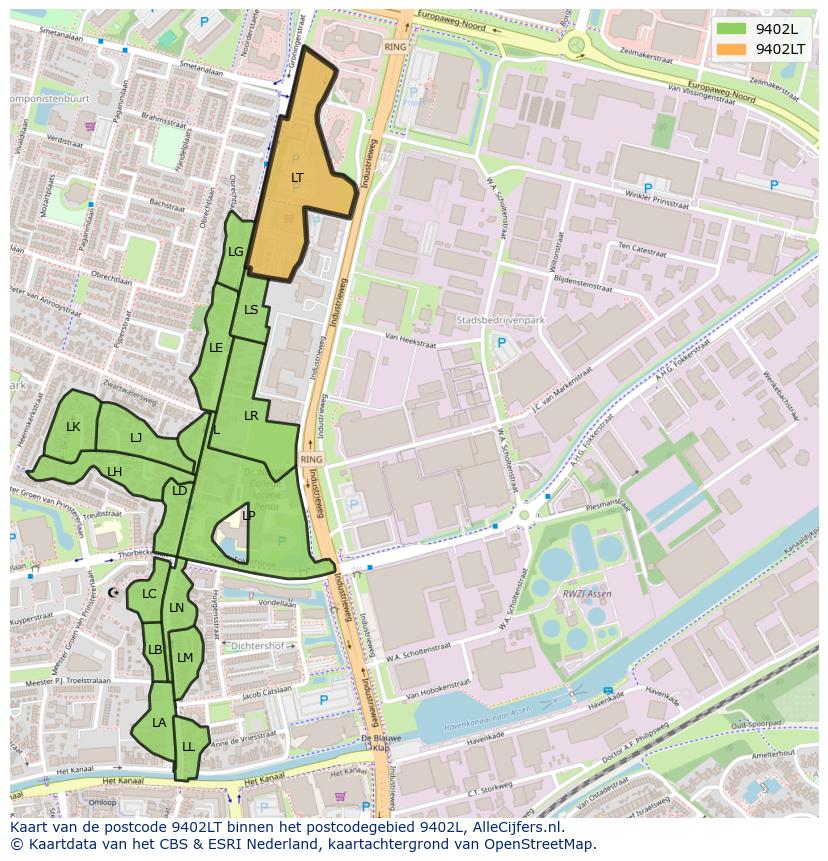Afbeelding van het postcodegebied 9402 LT op de kaart.