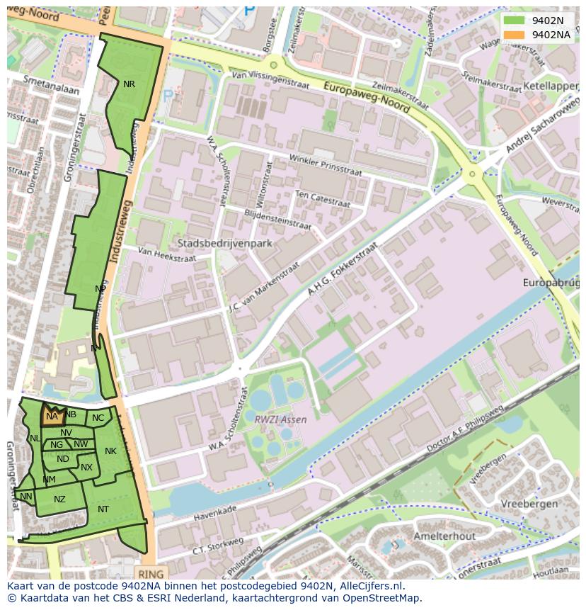 Afbeelding van het postcodegebied 9402 NA op de kaart.