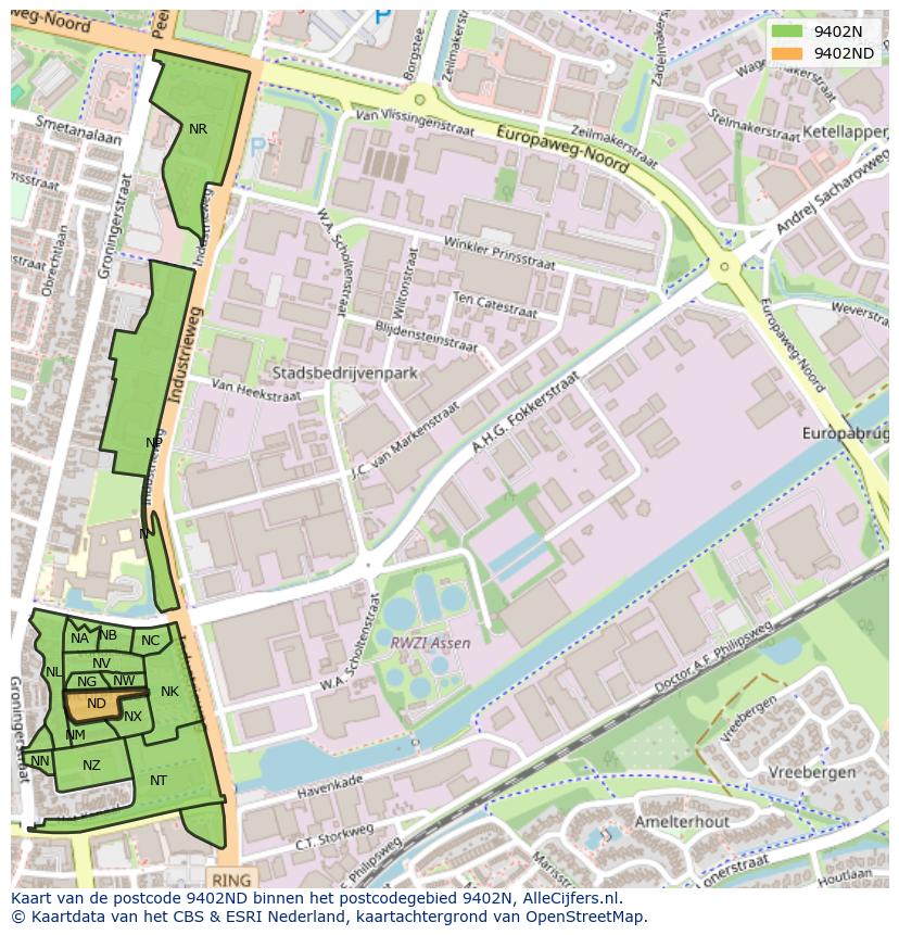 Afbeelding van het postcodegebied 9402 ND op de kaart.