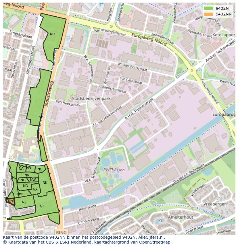 Afbeelding van het postcodegebied 9402 NN op de kaart.