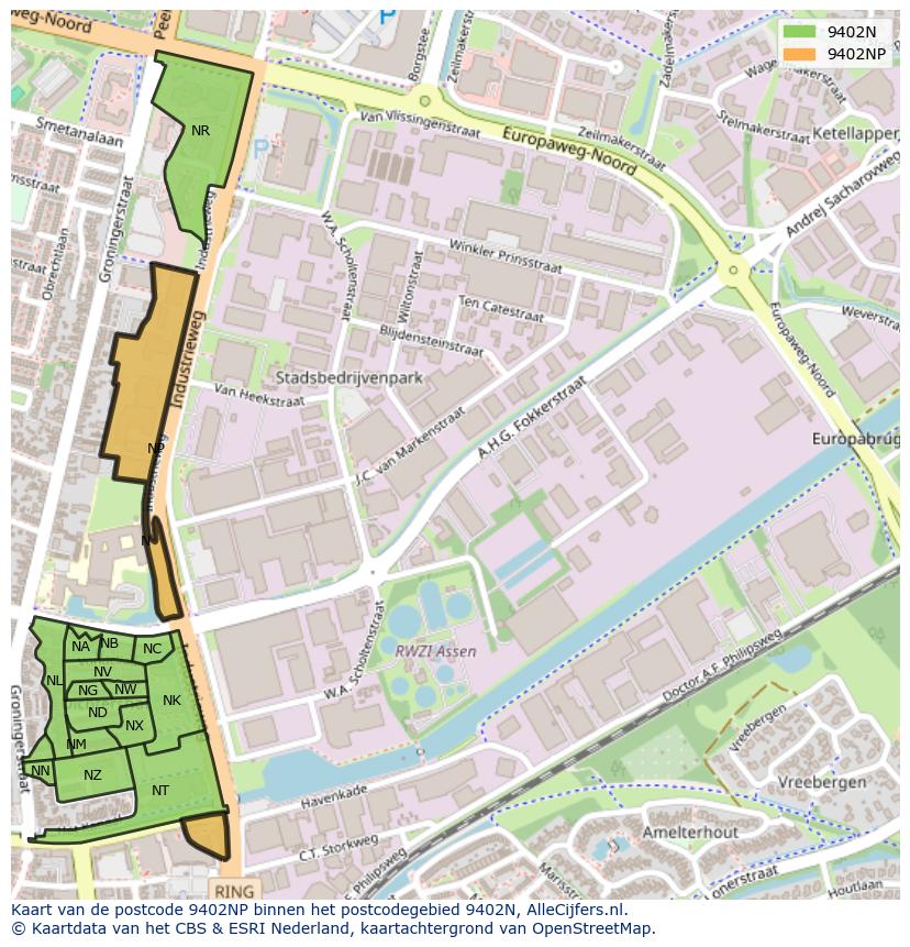 Afbeelding van het postcodegebied 9402 NP op de kaart.