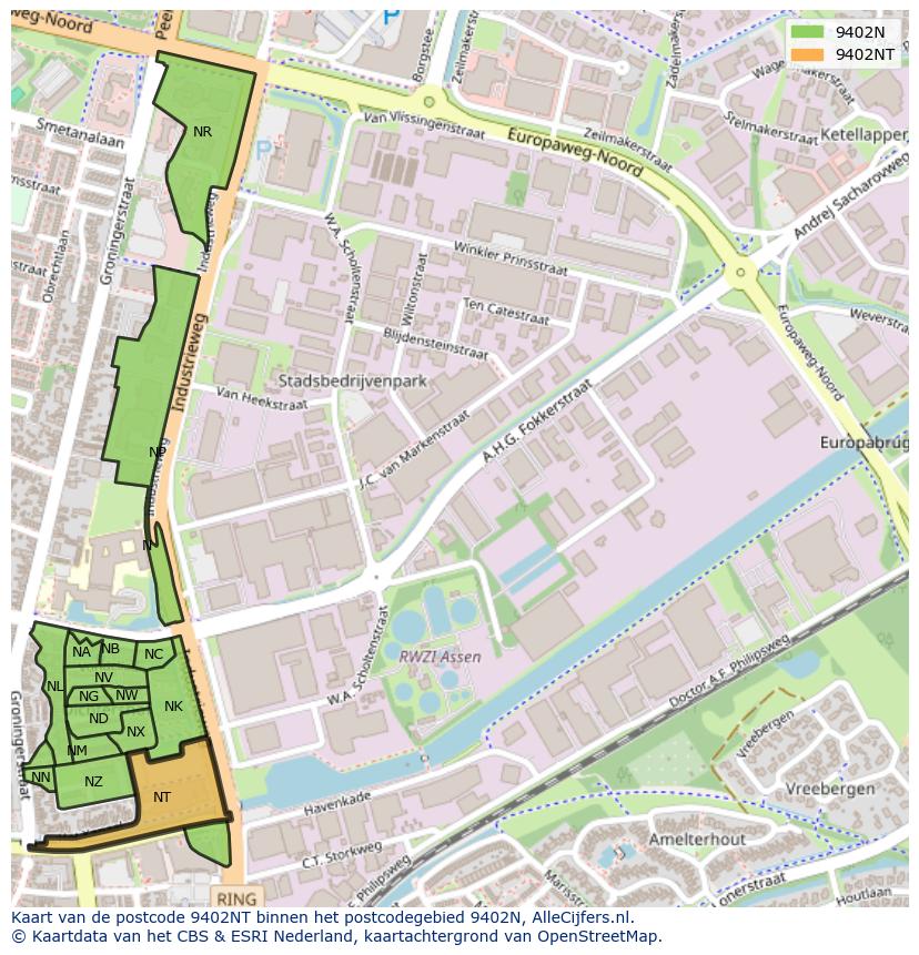 Afbeelding van het postcodegebied 9402 NT op de kaart.