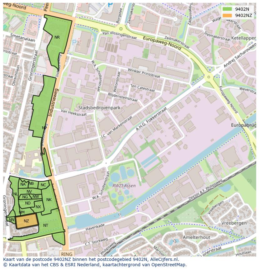 Afbeelding van het postcodegebied 9402 NZ op de kaart.