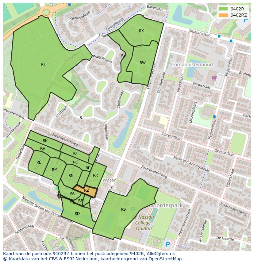 Afbeelding van het postcodegebied 9402 RZ op de kaart.
