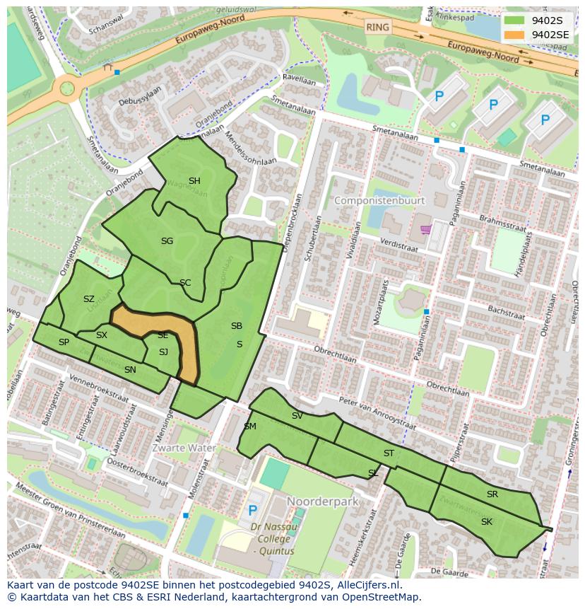 Afbeelding van het postcodegebied 9402 SE op de kaart.