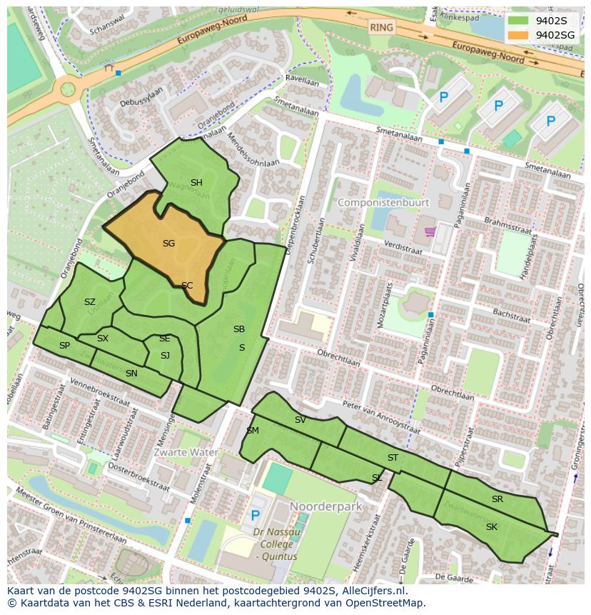 Afbeelding van het postcodegebied 9402 SG op de kaart.