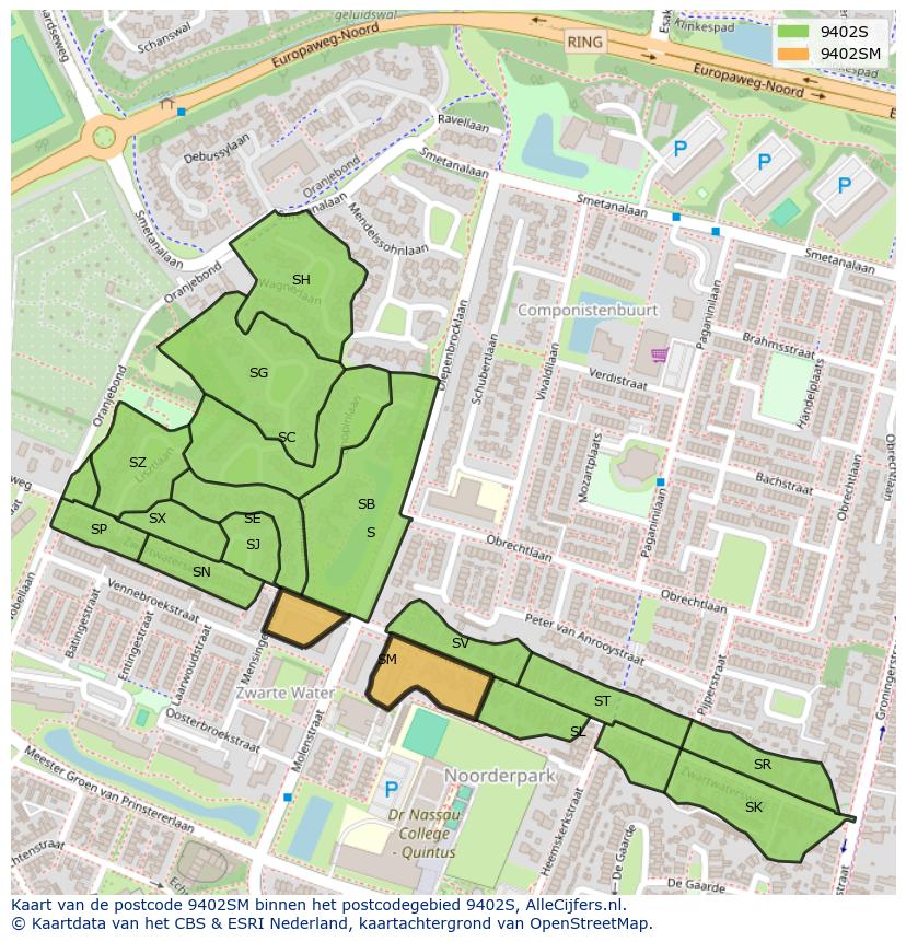 Afbeelding van het postcodegebied 9402 SM op de kaart.