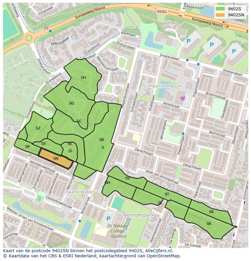 Afbeelding van het postcodegebied 9402 SN op de kaart.