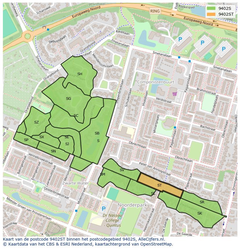Afbeelding van het postcodegebied 9402 ST op de kaart.