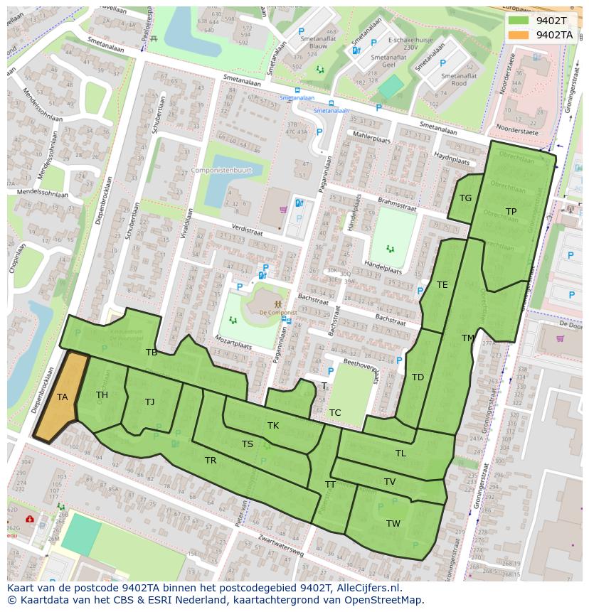 Afbeelding van het postcodegebied 9402 TA op de kaart.