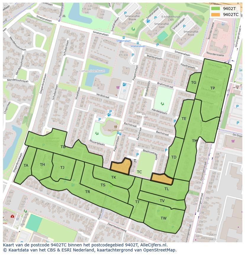 Afbeelding van het postcodegebied 9402 TC op de kaart.